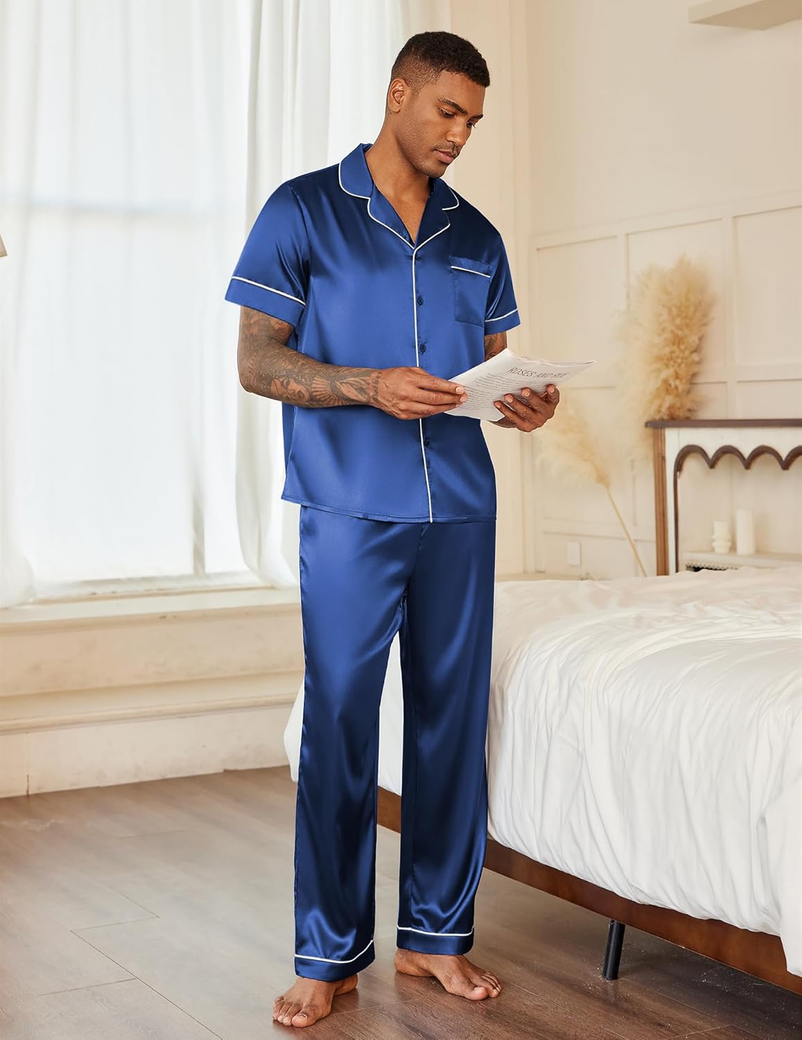 Mens satin pajama set with button-down shirt and pants, navy blue with contrast piping