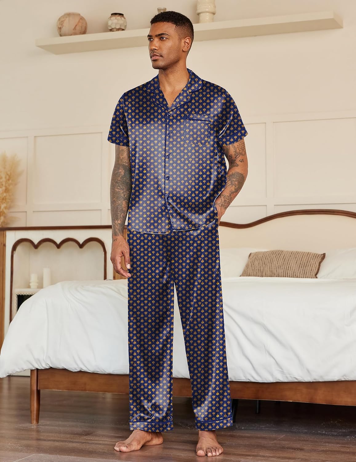 Men’s dark blue patterned satin pajama set: short-sleeve button-up with matching long pants