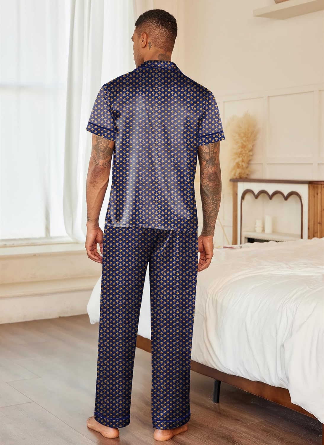 Men’s dark blue patterned satin pajama set from the back: short-sleeve button-up and pants