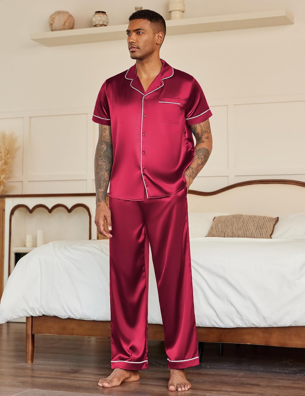 Men’s satin pajama set in red: short-sleeve button-up top with matching long pants