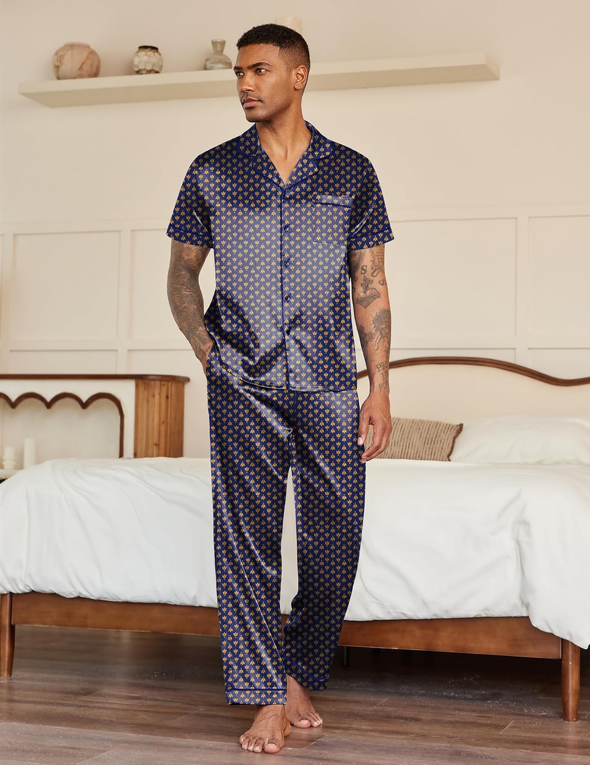 Men’s patterned satin pajama set in dark blue: button-front short-sleeve top and pants