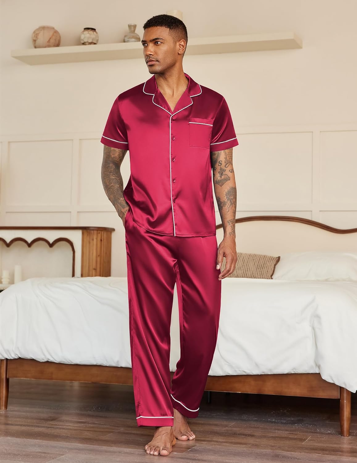 Men’s satin pajama set in red: button-front shirt with pocket and matching pajama pants