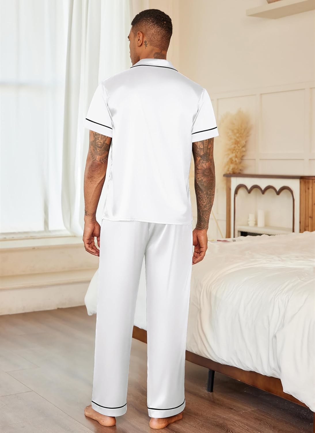 Mens satin pajama set, short-sleeve button-up and pants, white, back view