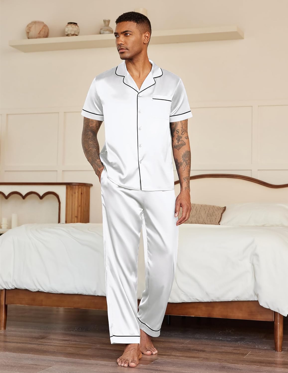 Mens satin pajama set, button-up short-sleeve top with chest pocket, white