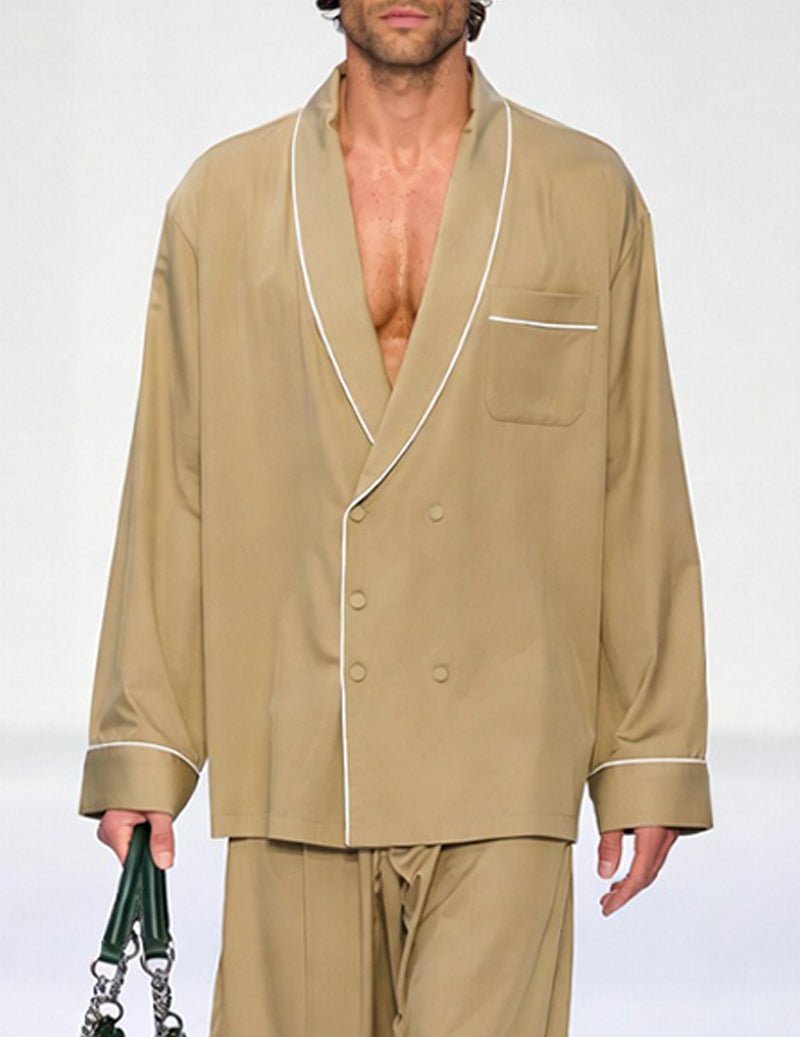 Men's khaki pajama jacket with shawl-collar and ivory piping, chest pocket