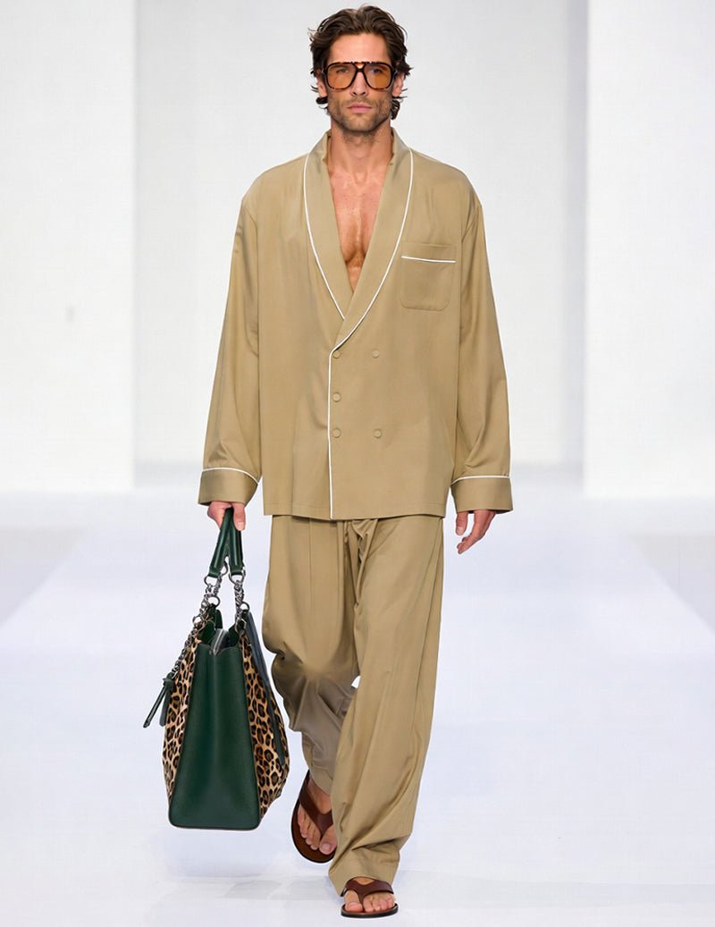 Men's khaki shawl-collar pajama set with ivory piping, button-front jacket and pants