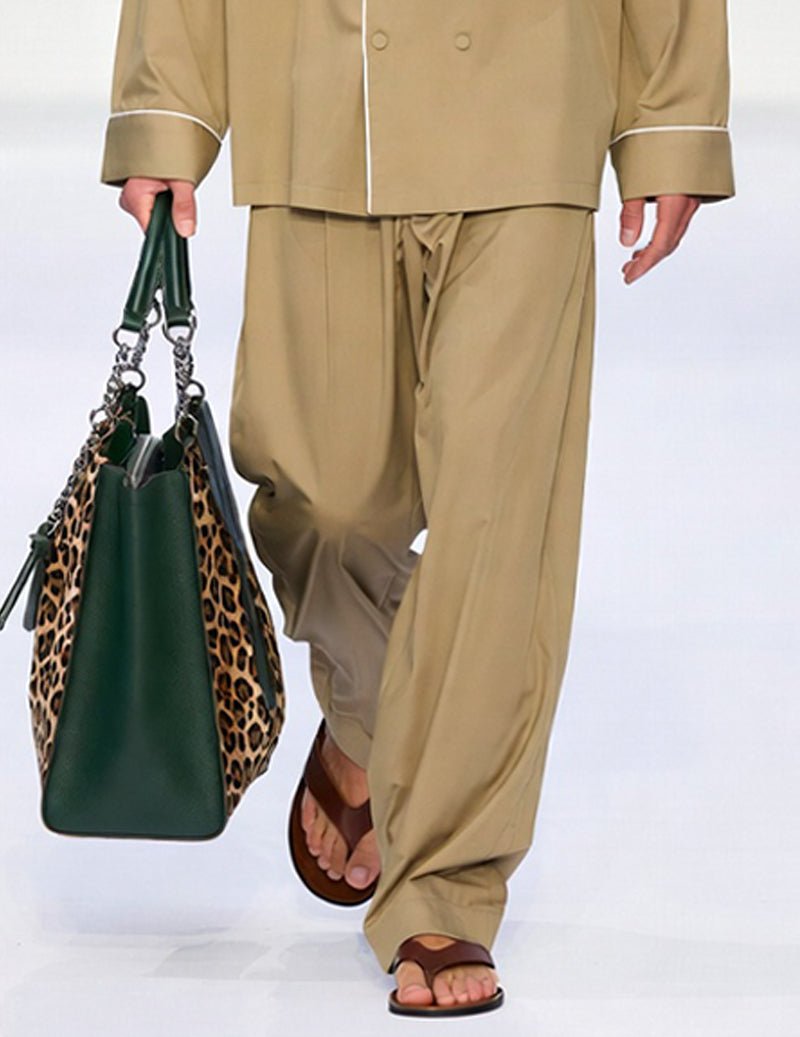 Men's khaki pajama pants with ivory-trim cuffs and drawstring waist