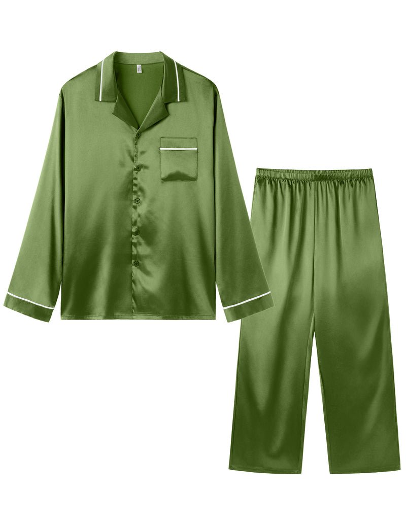Herren-Satin-Pyjama-Set, kurzärmloses Langarmhemd mit Knöpfen und lange Hose, grün