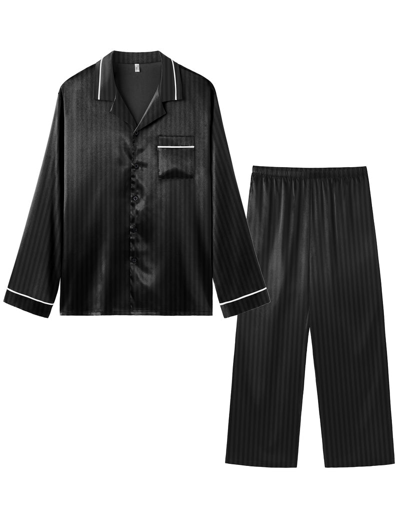 Ekouaer satin pajama set, black: long-sleeve button shirt and long pants