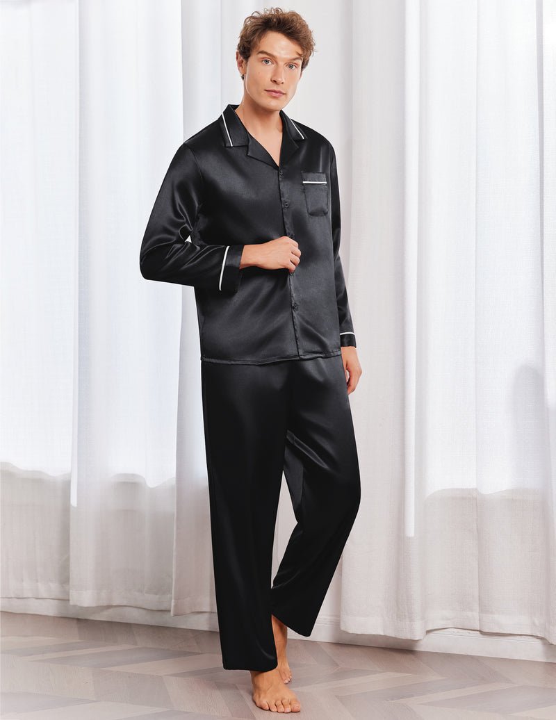 Ekouaer Herren-Satin-Pyjama-Set, langarm mit Knopfleiste und langen Hosen, schwarz
