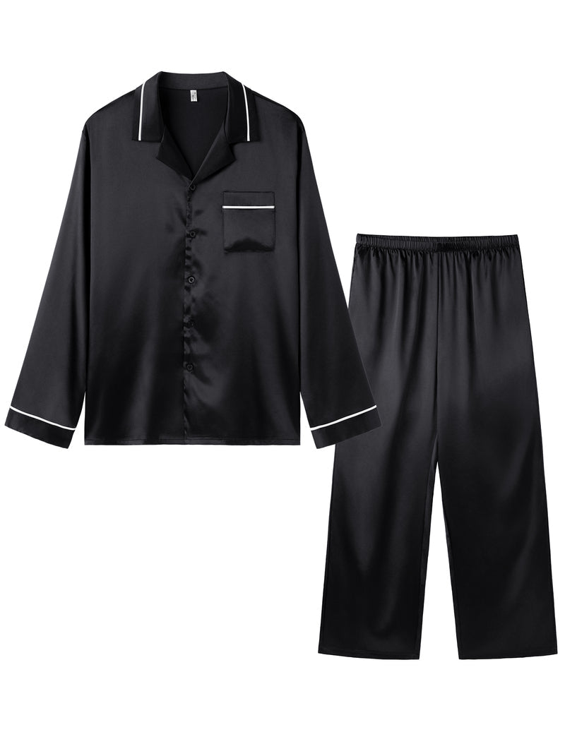 Herren-Satin-Pyjama-Set, Langarmhemd mit Knopfleiste und lange Hose, schwarz
