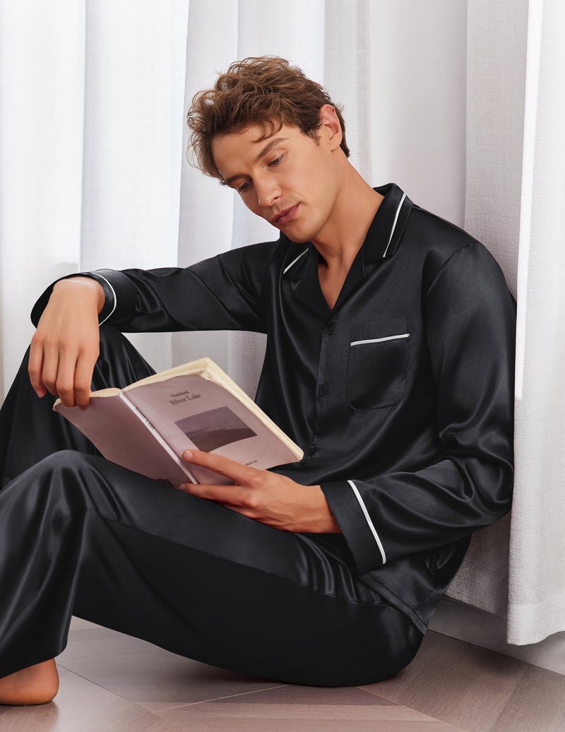 Herren-Satin-Pyjama-Set, langärmliges Hemd und lange Hose, schwarz