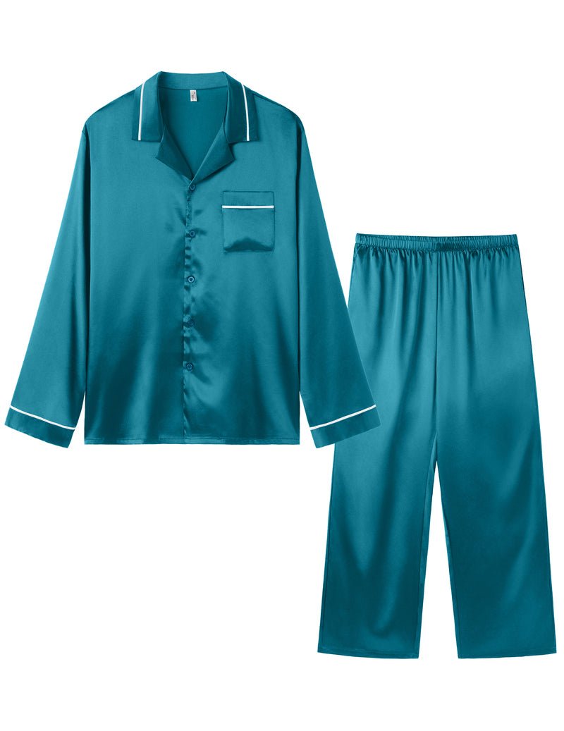 Herren-Satin-Pyjama-Set, langes Hemd mit Knopfleiste und lange Hose, blaugrün