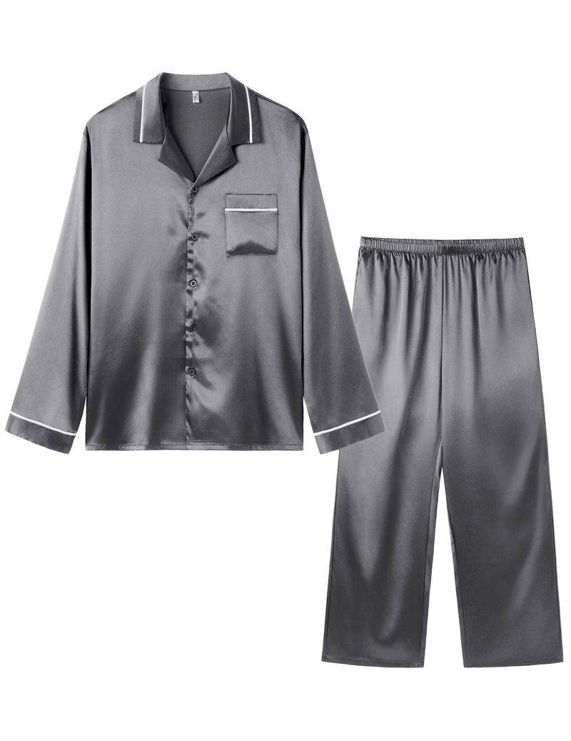 Herren-Satin-Pyjama-Set, Langarmhemd mit Knopfleiste und lange Hose, grau