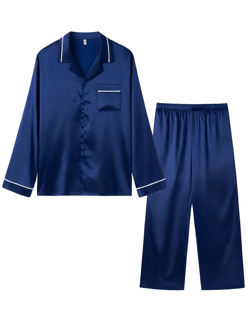 Herren-Satin-Pyjama-Set, langes Hemd mit Knopfleiste und lange Hose, navyblau