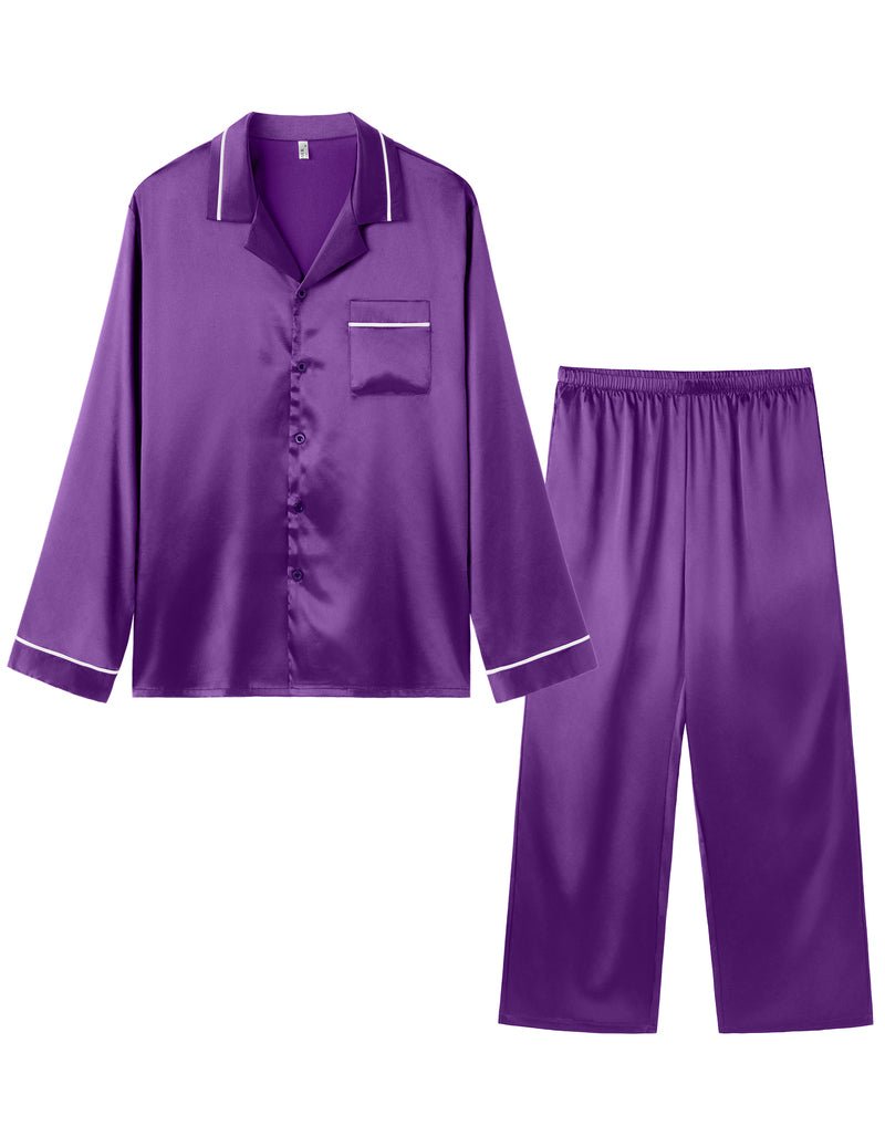 Silk satin pajama set, purple: long-sleeve button top and wide-leg long pants