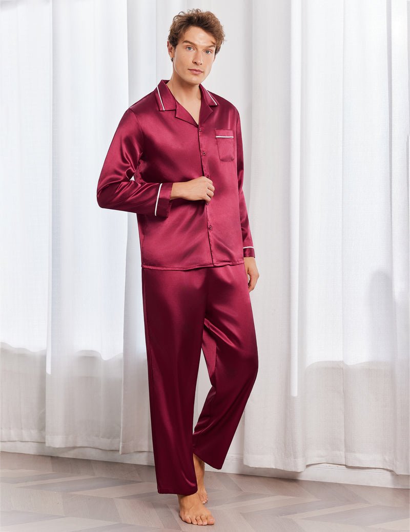 Wine-red satin pajama set for men: pocketed long-sleeve button shirt & long pants