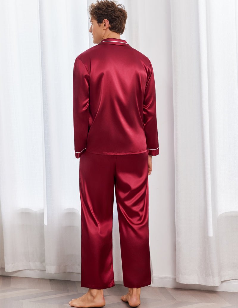 Wine-red satin pajama set: long-sleeve button shirt and long trousers, back view