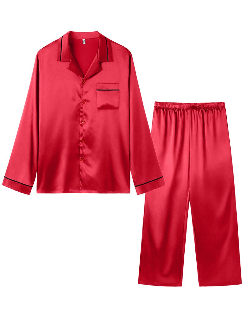 Herren-Satin-Pyjama-Set, langes Hemd mit Knöpfen und lange Hose, kräftig rot
