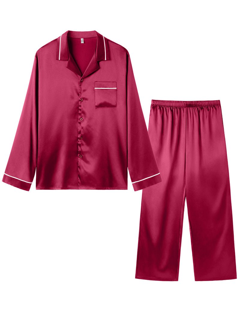 Herren-Satin-Pyjama-Set, Langarmhemd mit Knopfleiste und lange Hose, weinrot