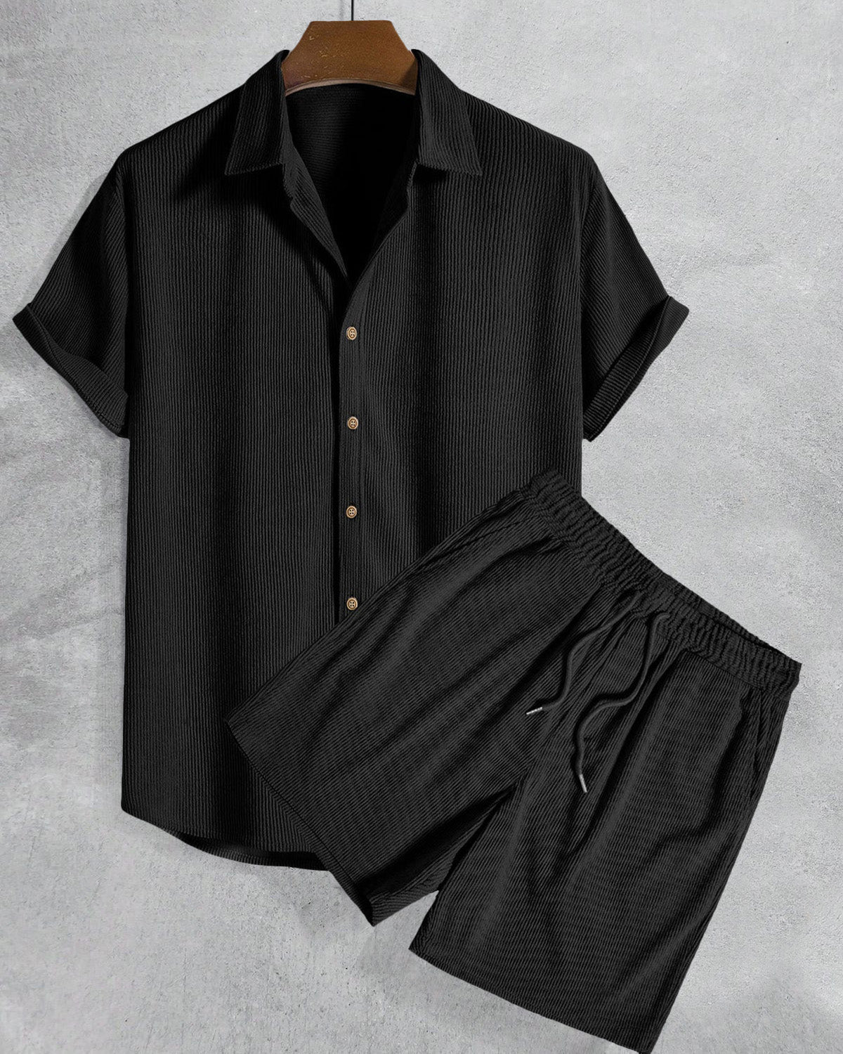 Black short-sleeve button shirt and drawstring shorts set, collared, side pockets