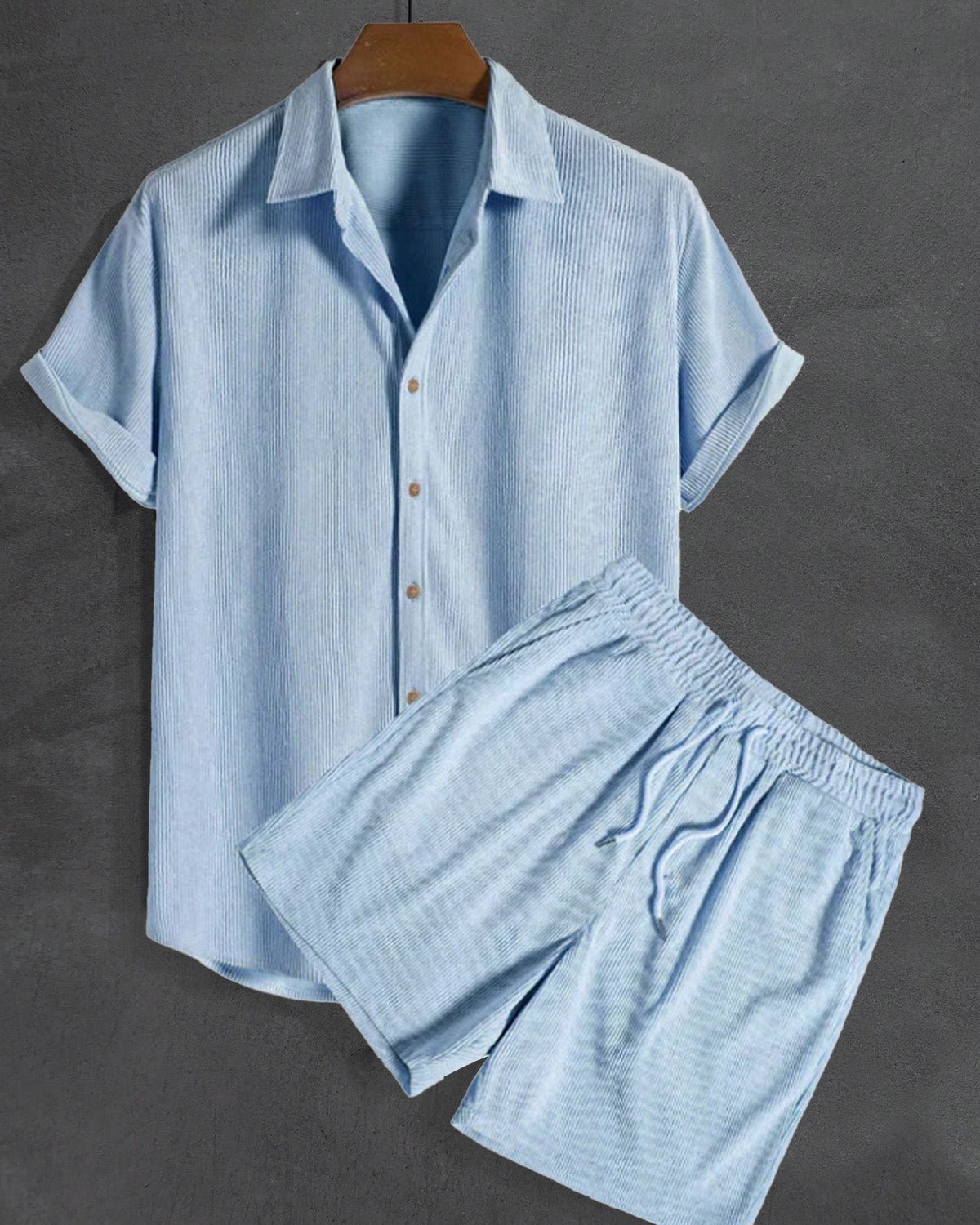 Blue short-sleeve button shirt and drawstring shorts set, collared, elastic waistband