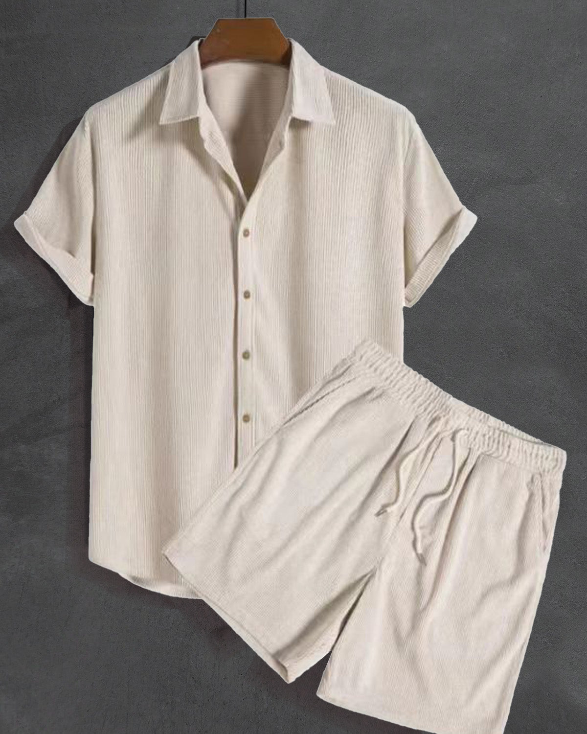Light short-sleeve button shirt and drawstring shorts set, collared, solid fabric