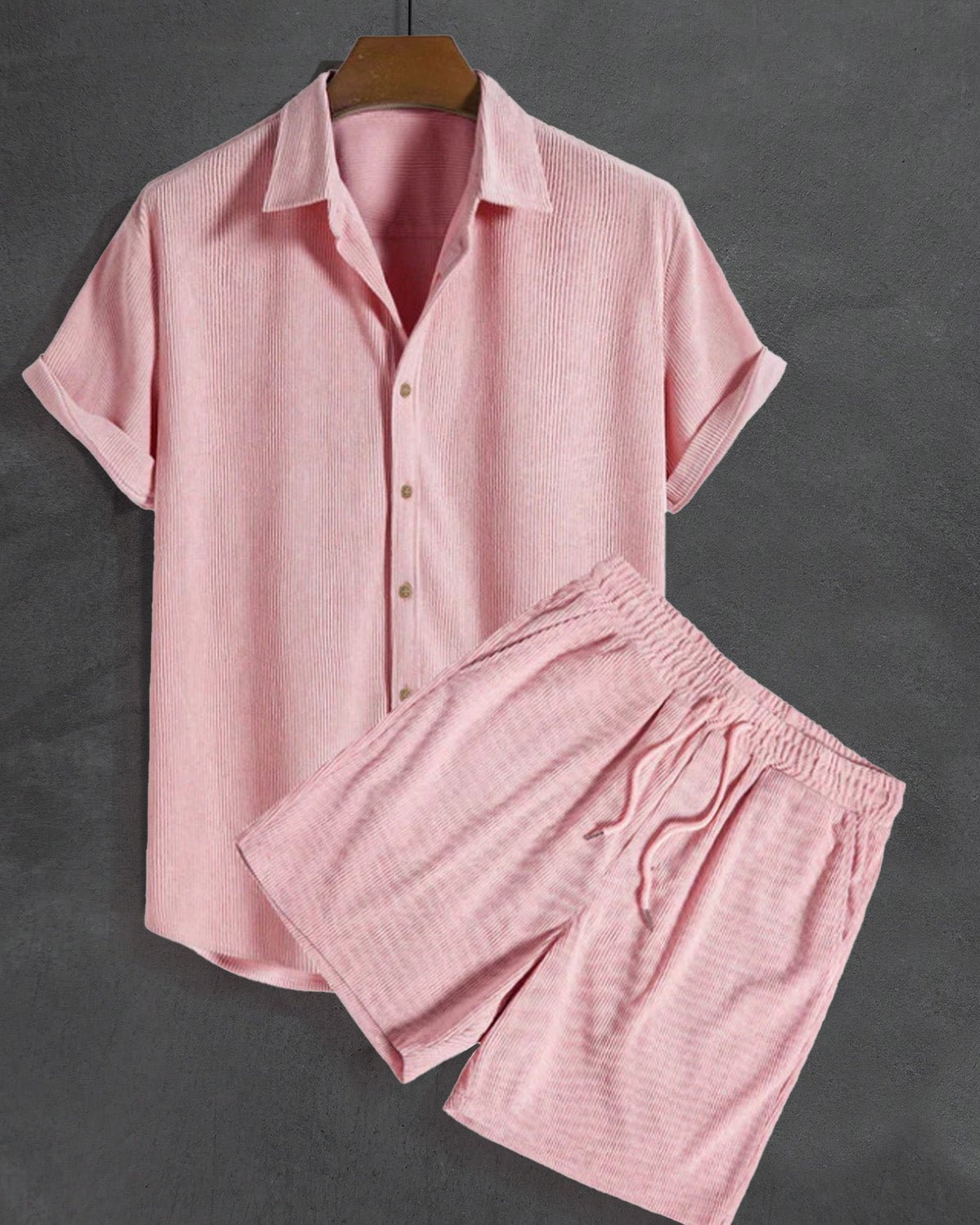 Pink short-sleeve button shirt and drawstring shorts set, collared, elastic waistband
