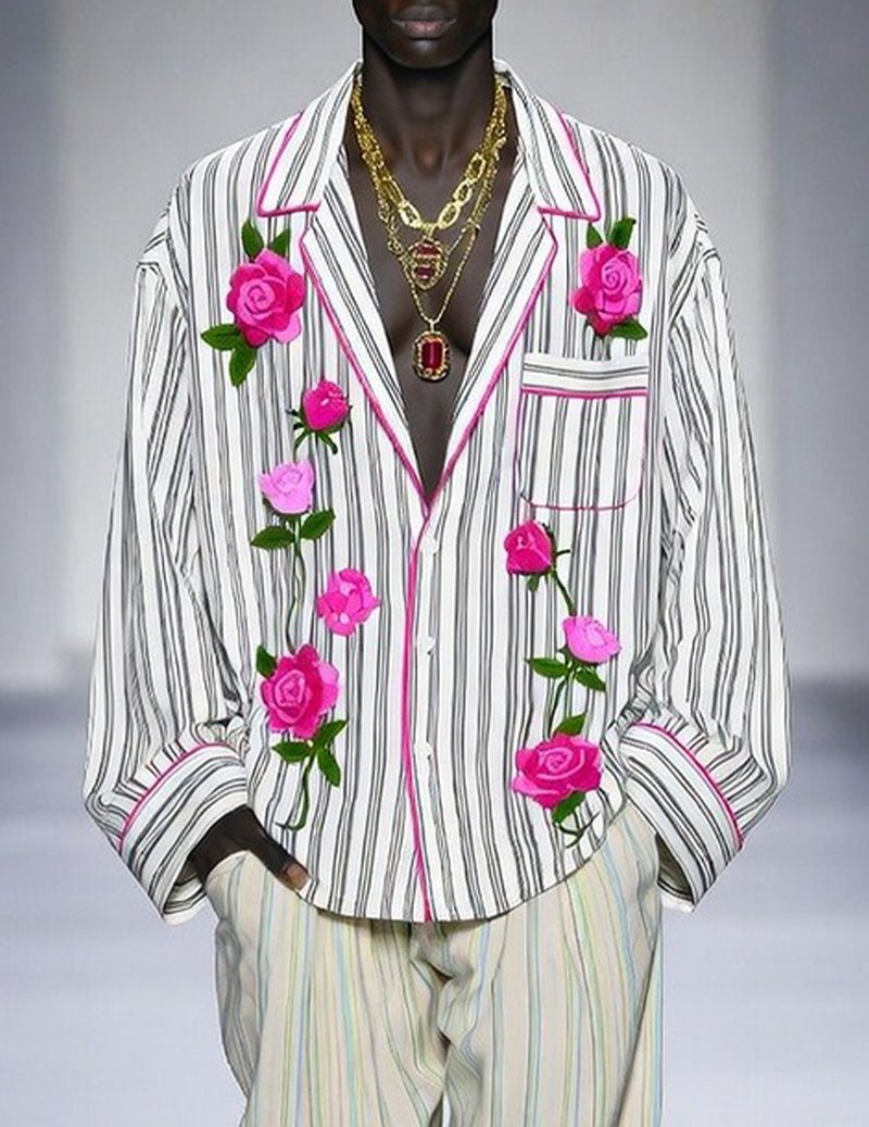 Men's striped pajama set: button-up shirt with vertical stripes, pink roses, and drawstring pants.