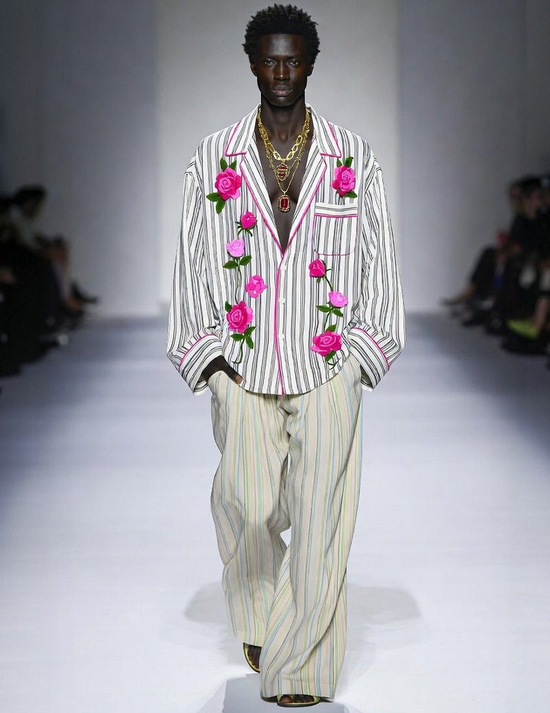 Men's striped pajama set: white shirt with pink rose embroidery and matching striped pants.