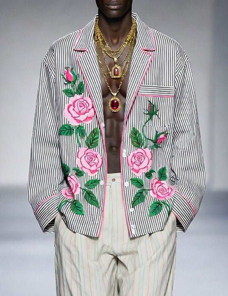 Men's striped rose-pattern pajama set: button-front shirt with pink rose prints