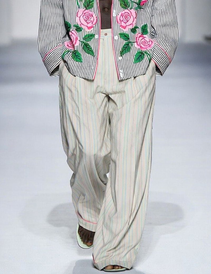 Men's striped rose-pattern pajama set with long striped pants and rose embroidery