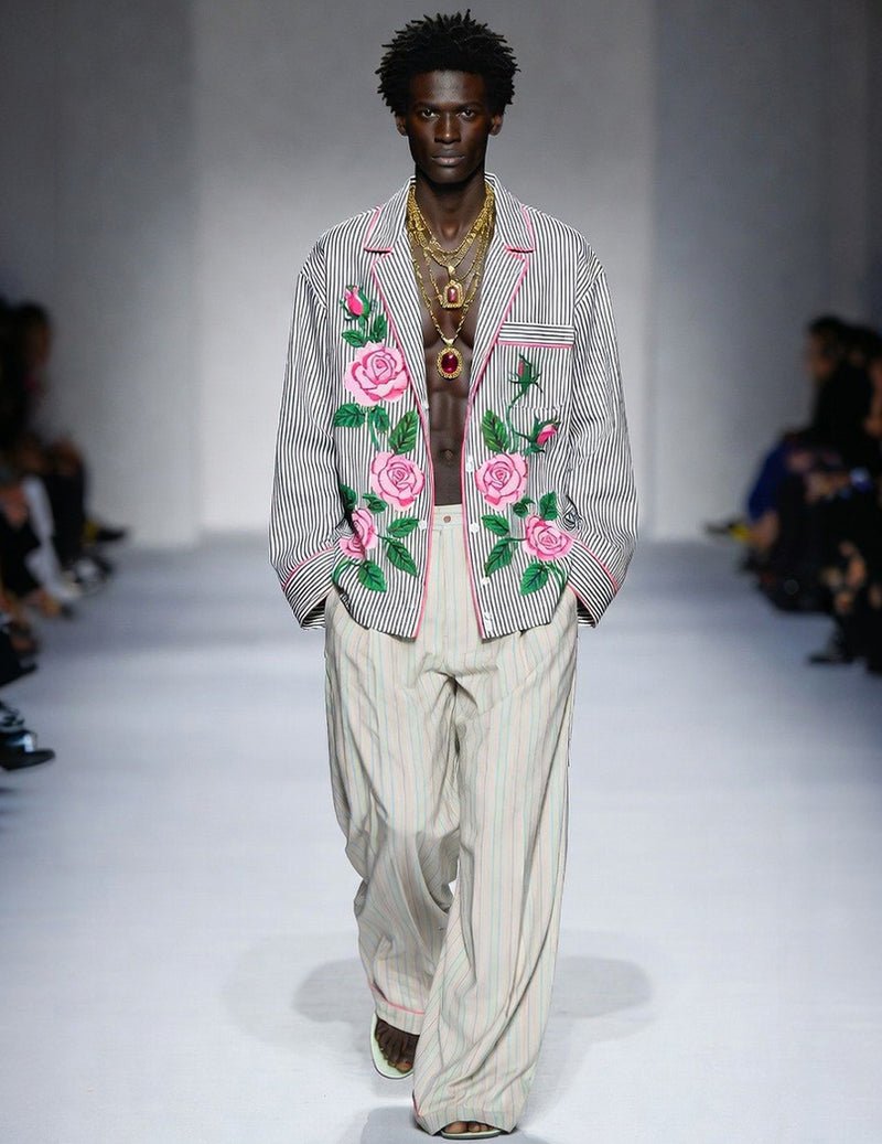 Men's striped rose-pattern pajama set with floral embroidery, oversized fit