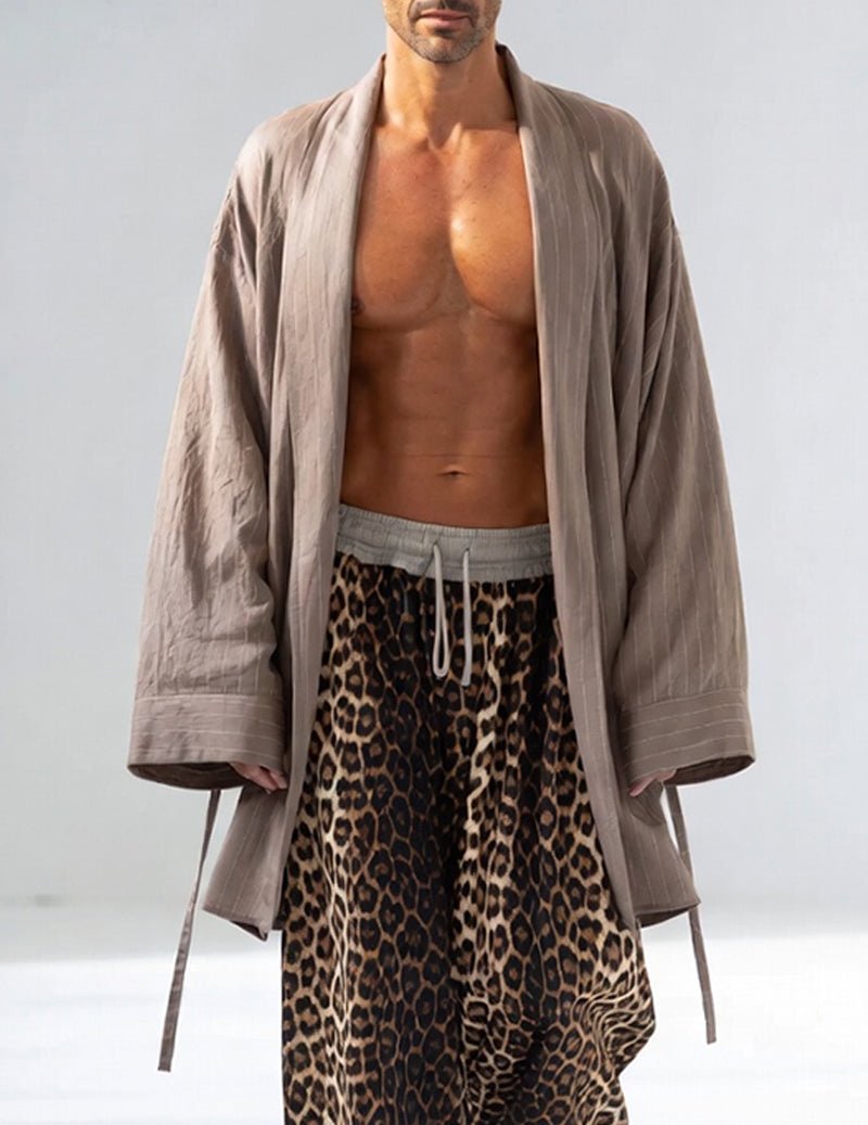 Taupe kimono robe with leopard wide-leg pants, front drawstring ties