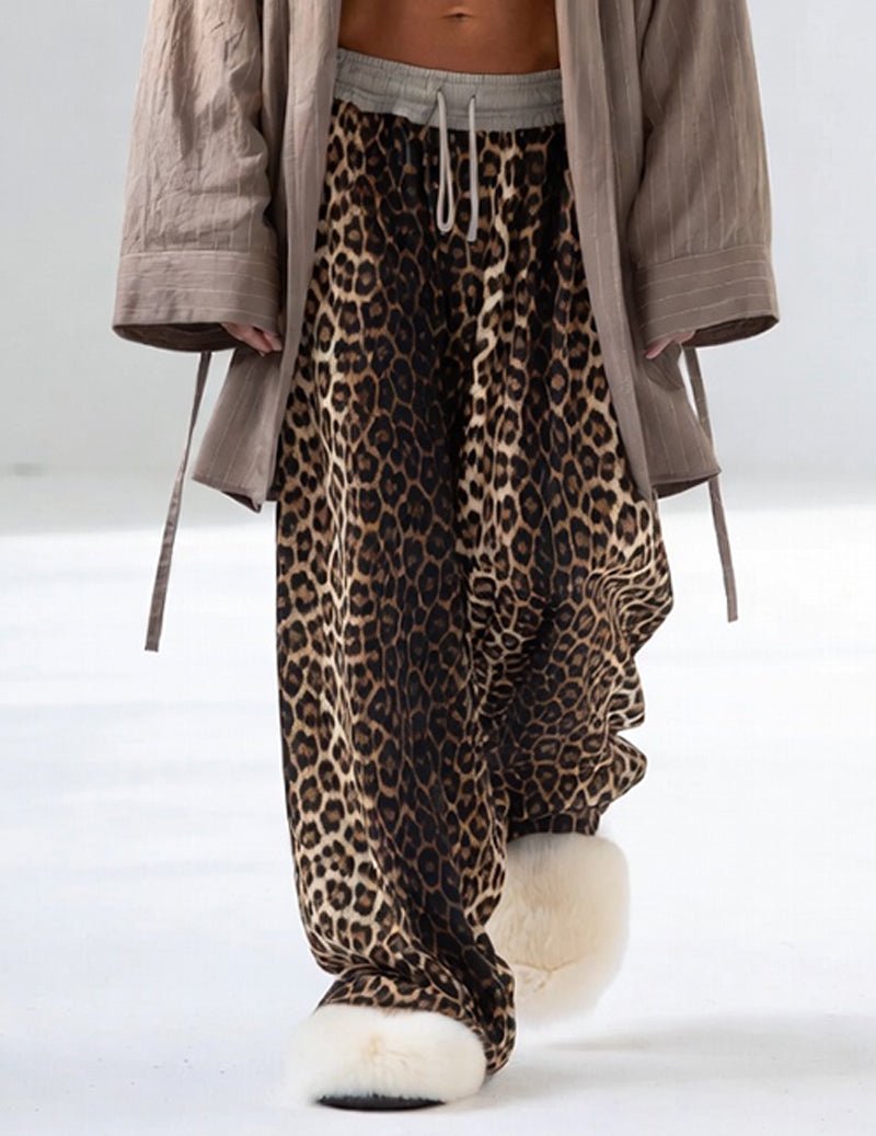 Leopard wide-leg lounge pants with drawstring waist and taupe kimono robe