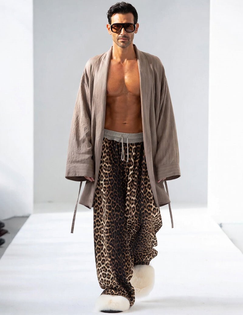 Taupe kimono robe with leopard wide-leg lounge pants, drawstring waist
