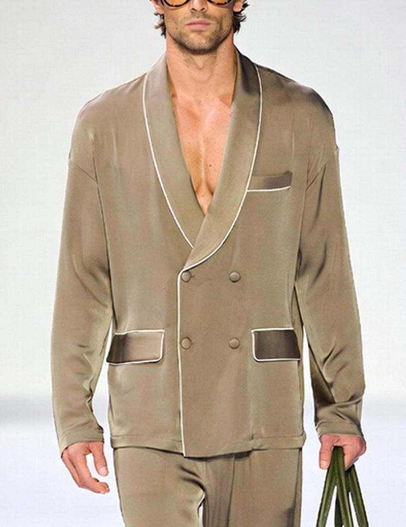Men's khaki shawl-collar lounge jacket with ivory trim, button front, chest pockets