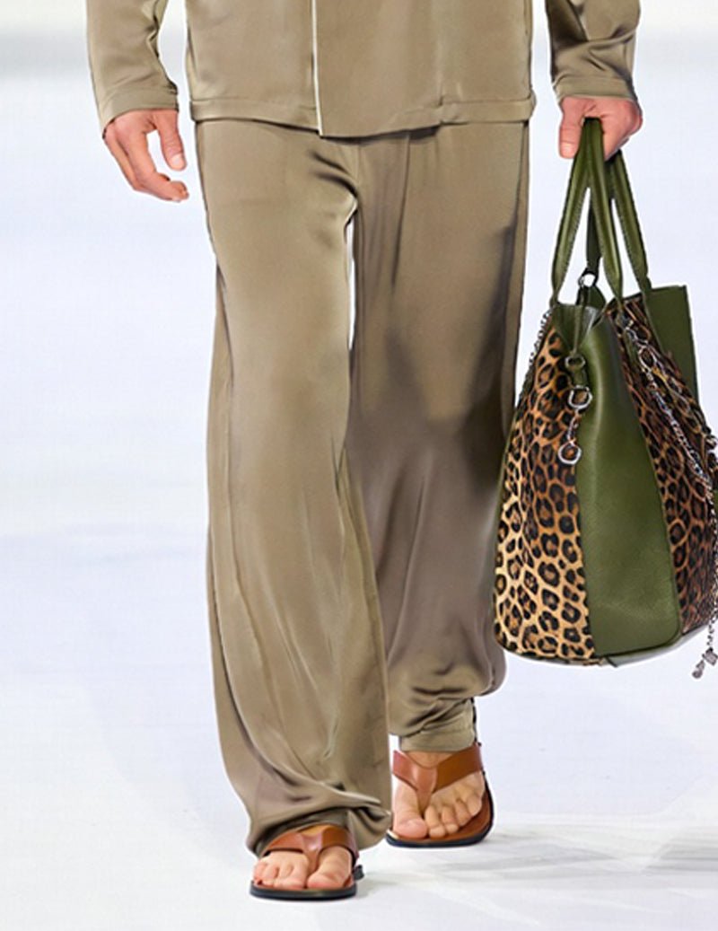 Men's khaki lounge pants with elastic waist and side pockets