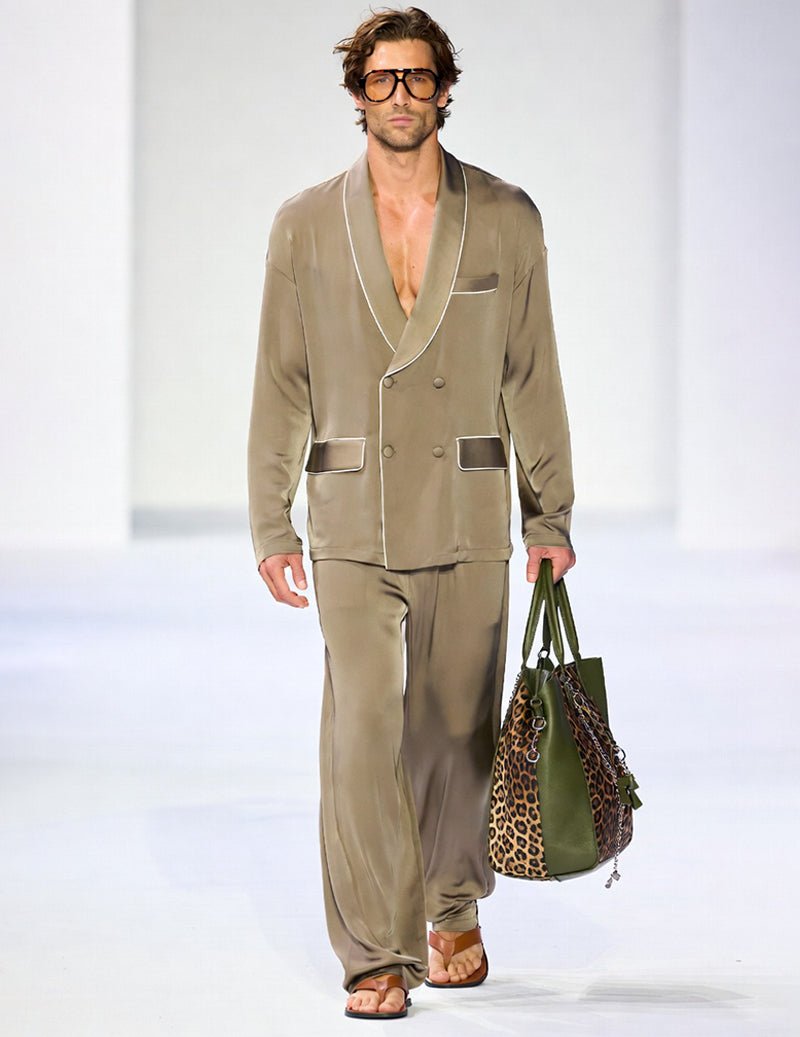 Men's khaki lounge set with shawl-collar jacket, ivory piping, drawstring pants