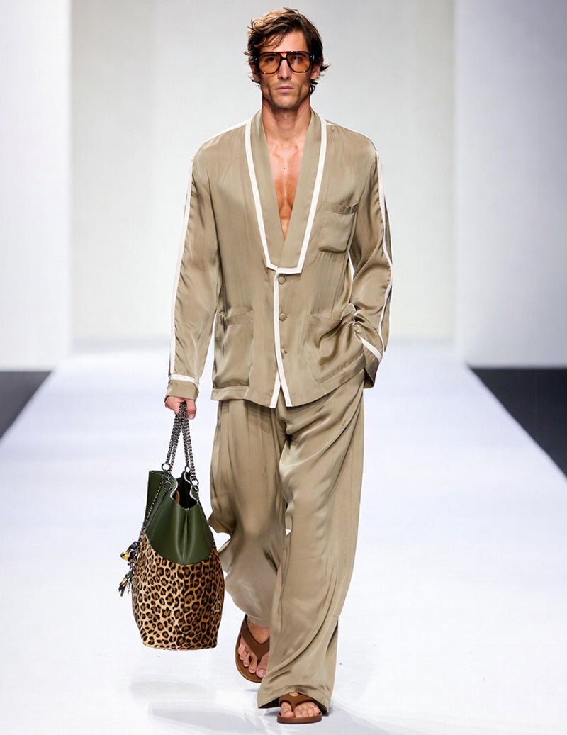 Men's khaki shawl-collar lounge set with contrasting white piping, button-front jacket and pants