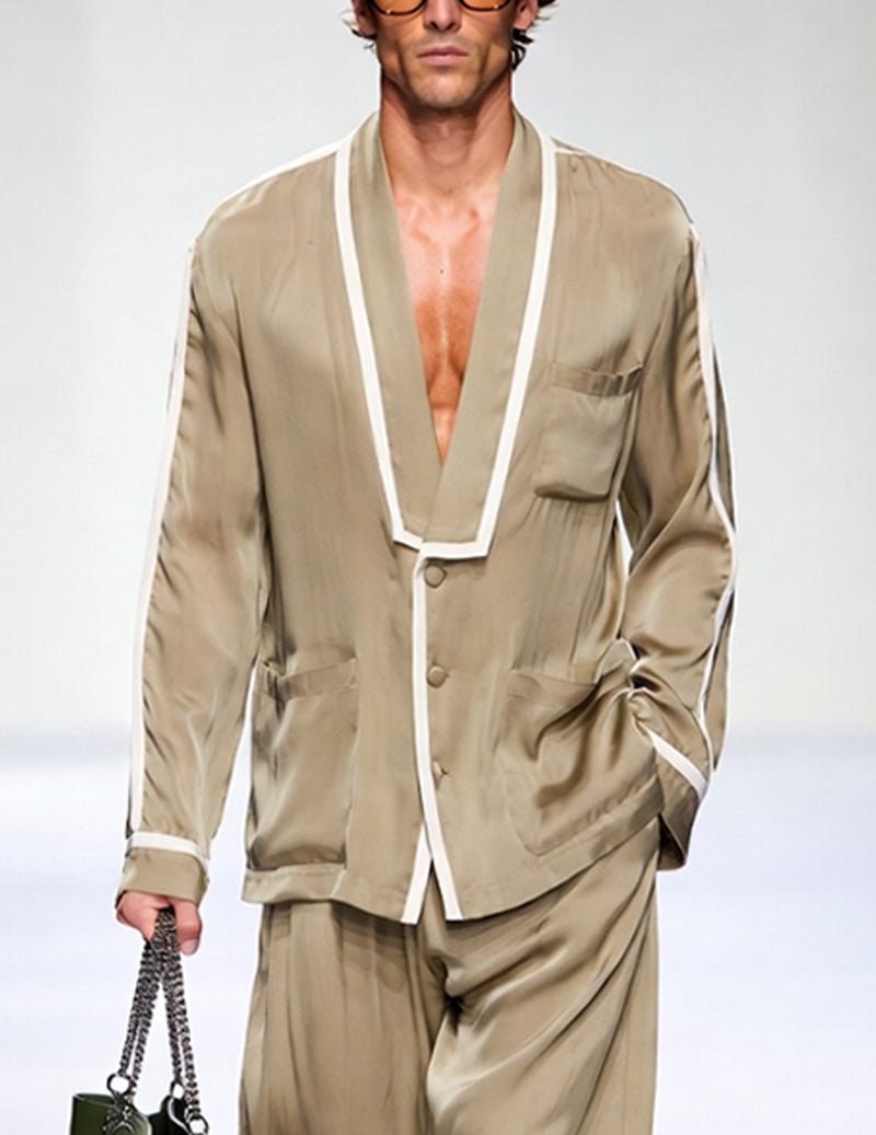 Men's khaki lounge jacket with shawl collar and contrasting white piping, chest pocket