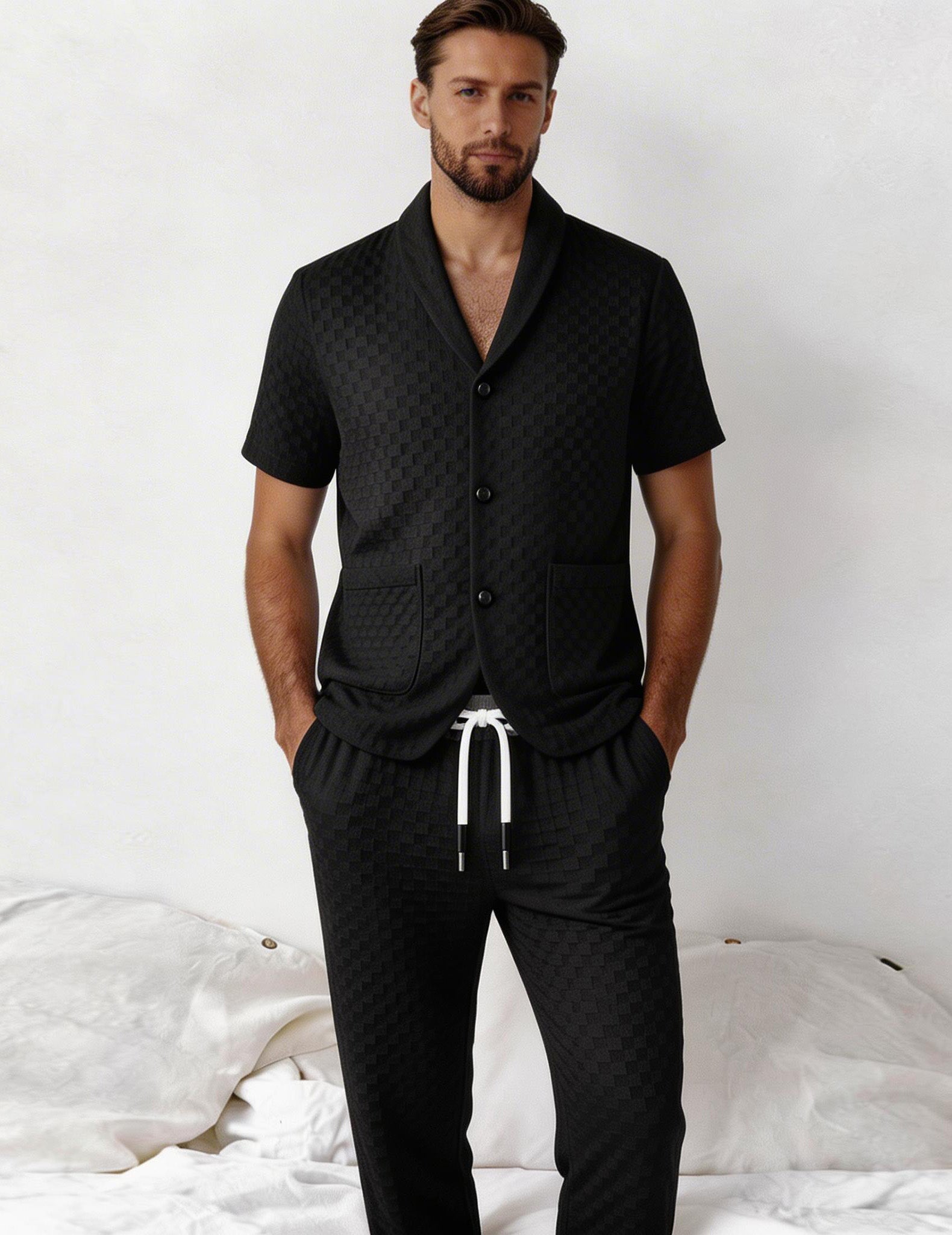 Black textured short-sleeve shirt and pants set on model, button front and elastic waist