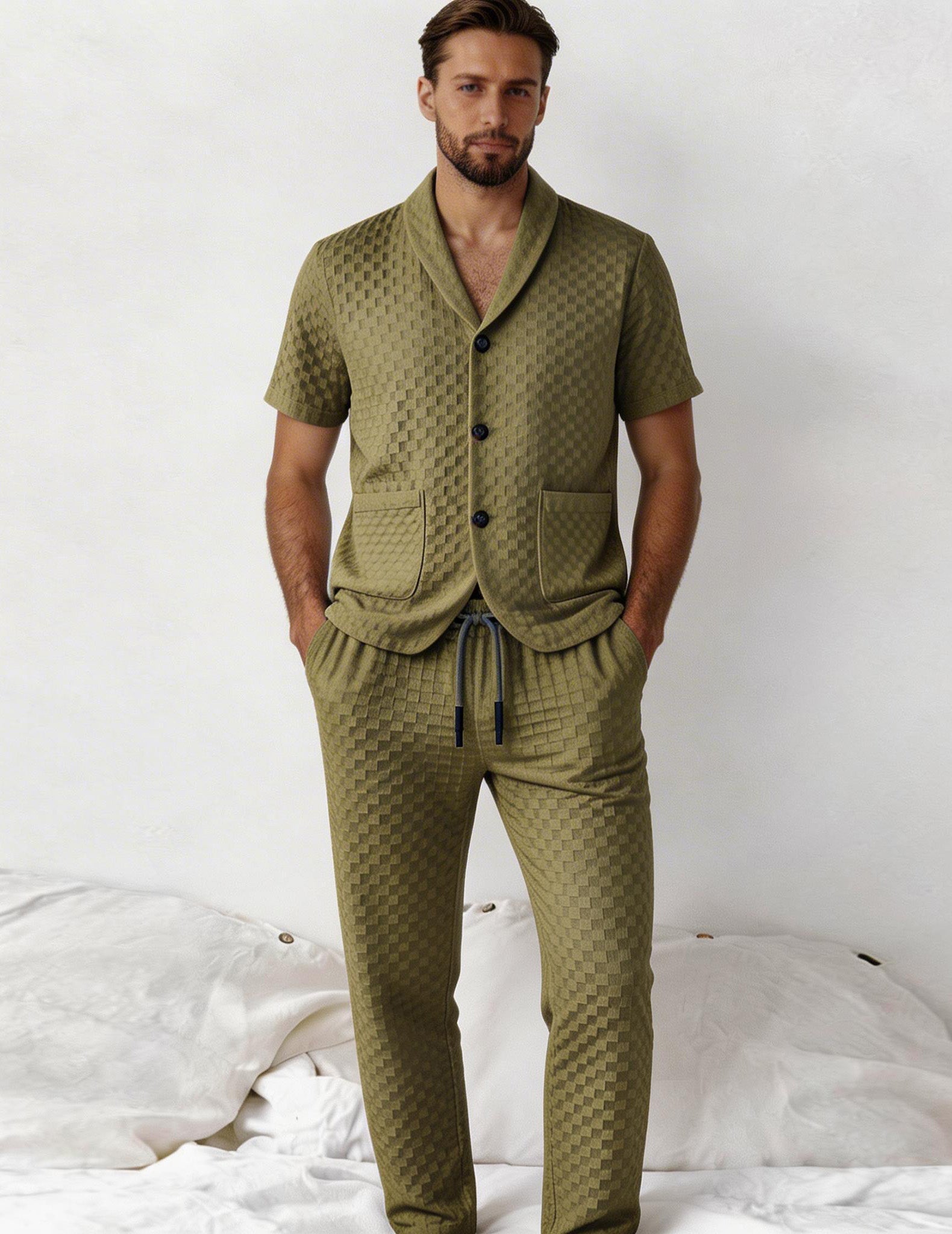 Green textured short-sleeve shirt and pants set on model, button front with drawstring