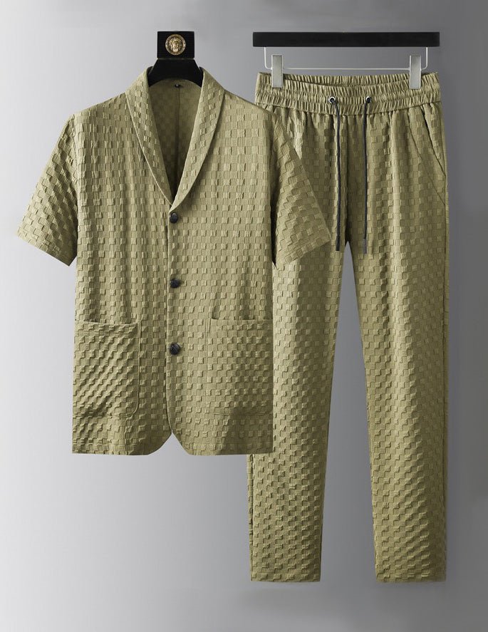 Green textured short-sleeve shirt and drawstring pants set, button front and pockets