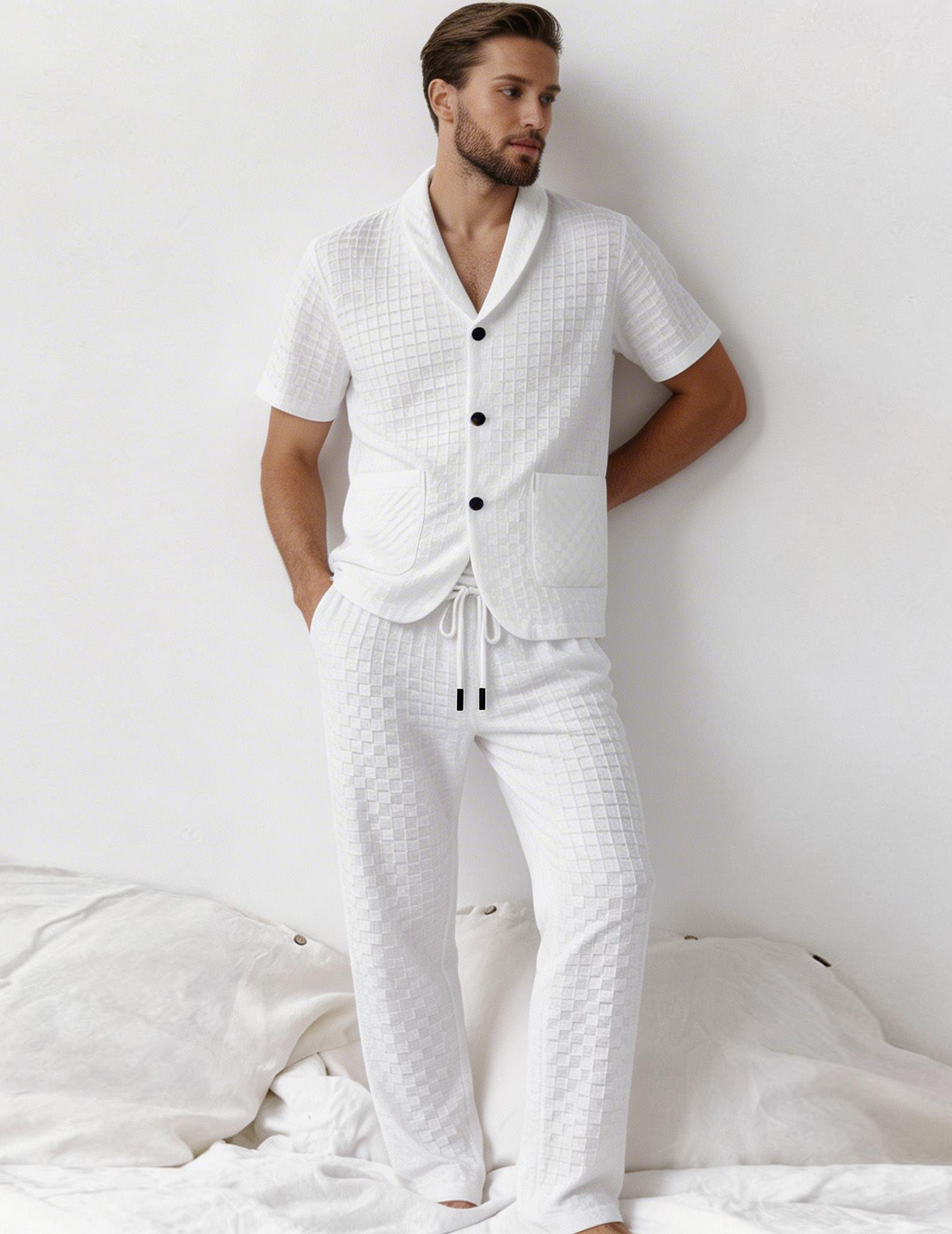 White textured short-sleeve shirt with button front and drawstring pants, on-model view