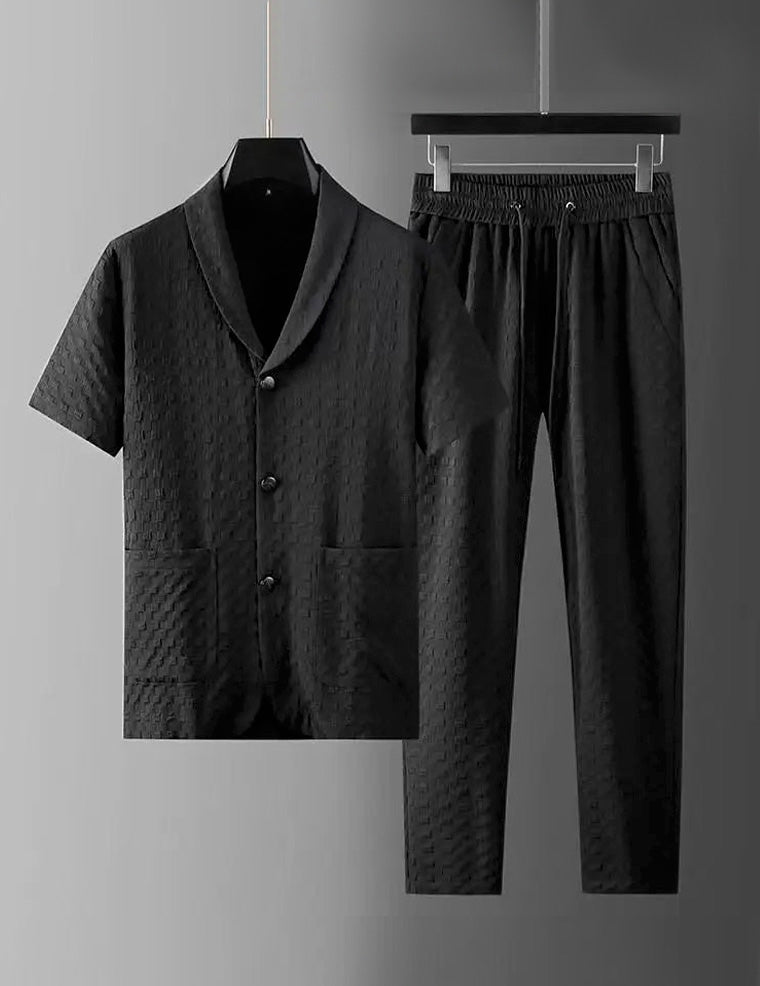 Black textured short-sleeve shirt and drawstring pants set, button front and elastic waist
