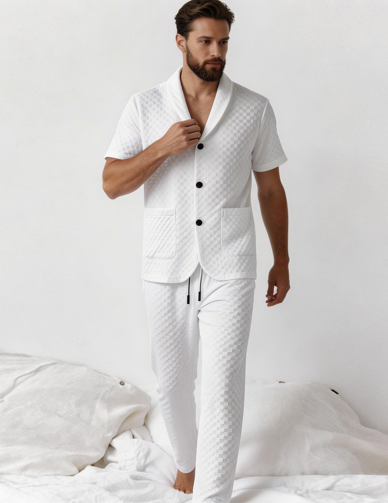 White textured short-sleeve shirt and pants set, button placket and drawstring waistband