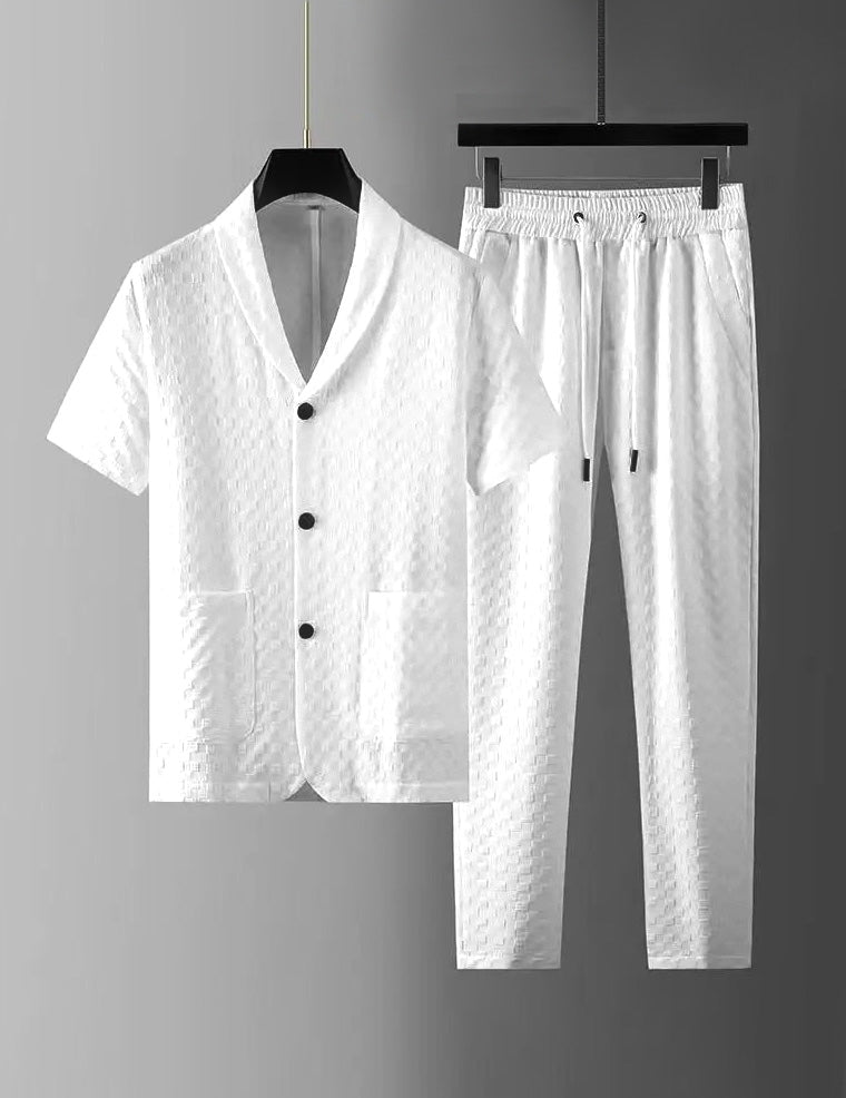 White textured short-sleeve shirt and drawstring pants set, button front and side pockets