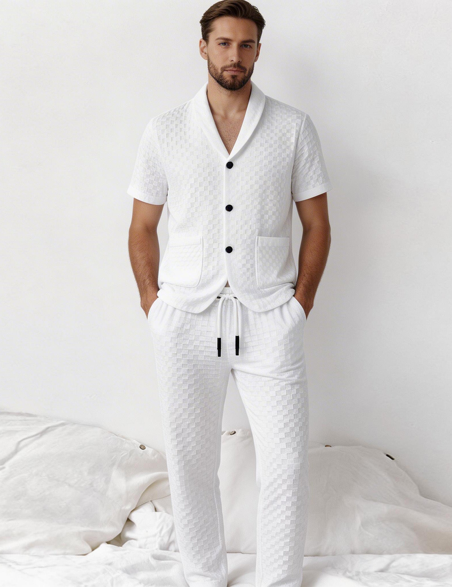 White textured short-sleeve shirt and pants set on model, button front and drawstring tie