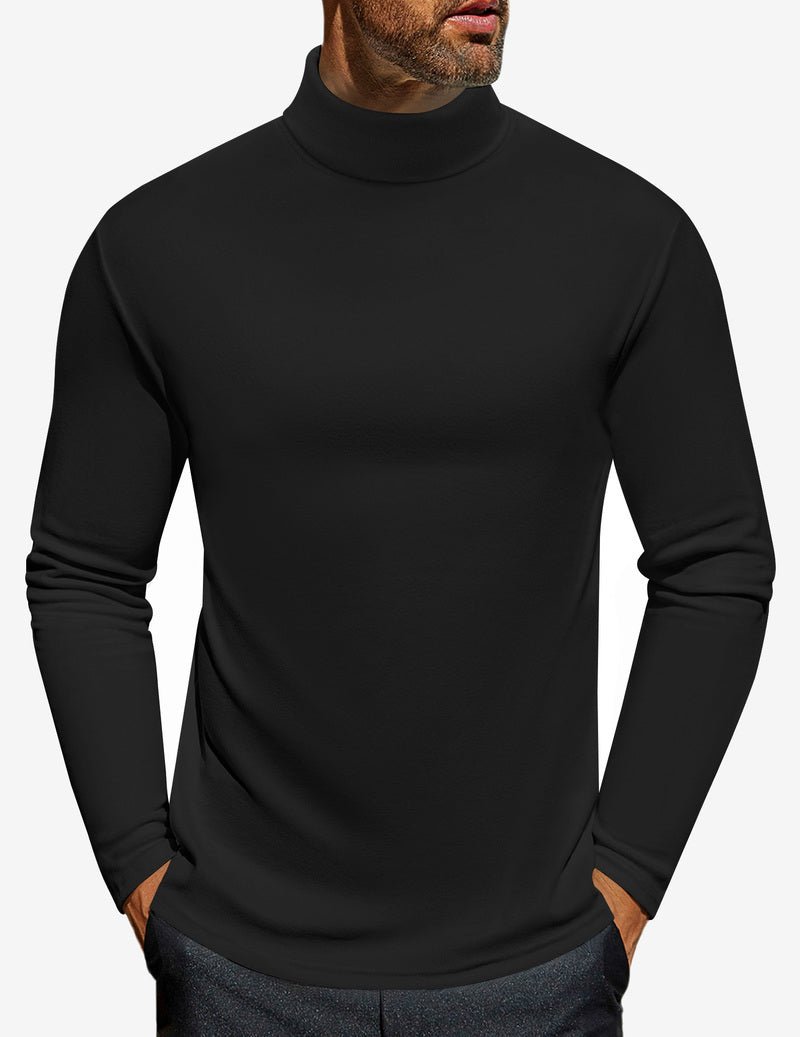 Men's turtleneck long sleeve shirt, black, fitted jersey knit